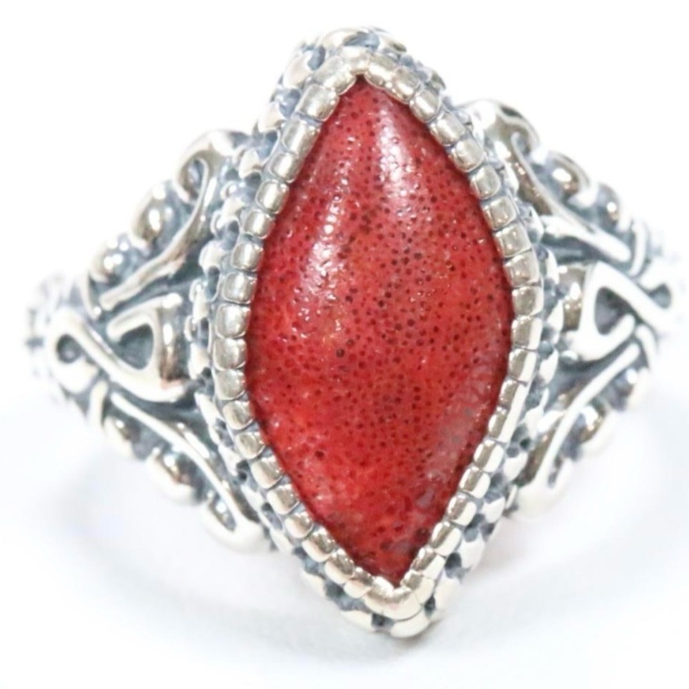 Carolyn Pollack Relios Red Coral sterling silver scroll‎ ring size 9.25